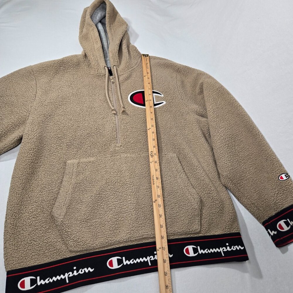 Y2K CHAMPION Streetwear TAN Spell Out Teddy Half Zip Sherpa Hoodie Men's Size L. - Picture 15 of 17